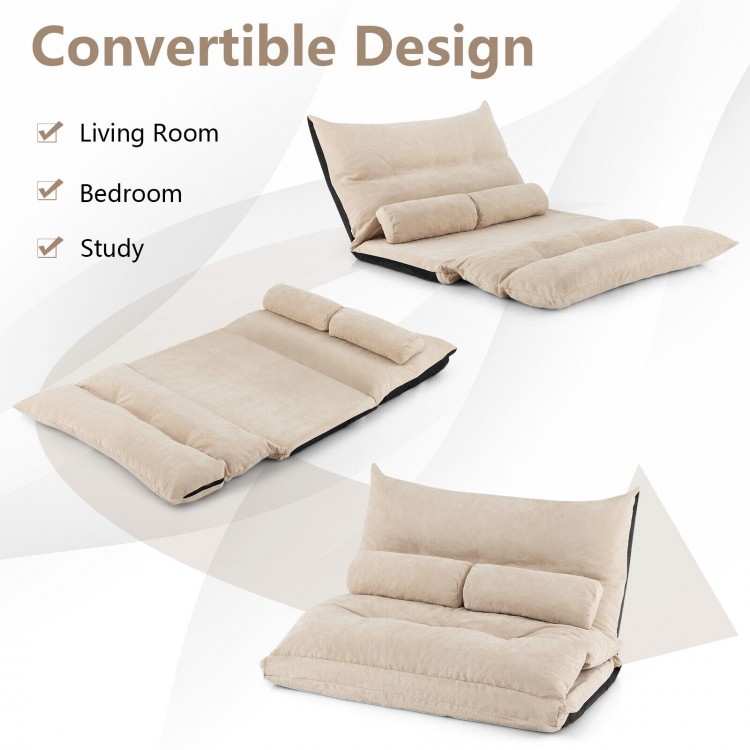 Adjustable floor sofa bed in beige with two lumbar pillows, featuring a 42-level adjustable backrest for versatile use.