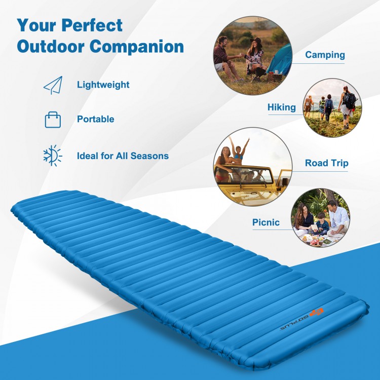 Blue 3-inch thick inflatable camping sleeping pad, lightweight and waterproof, perfect for outdoor adventures like.