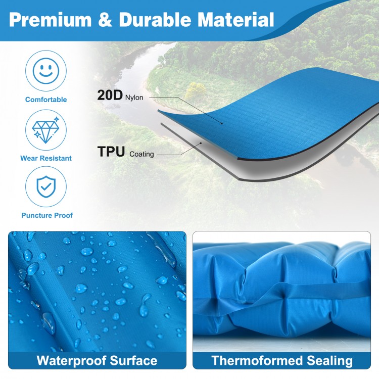 Close-up of the blue 3-inch thick inflatable camping sleeping pad showcasing its waterproof nylon and TPU coating.