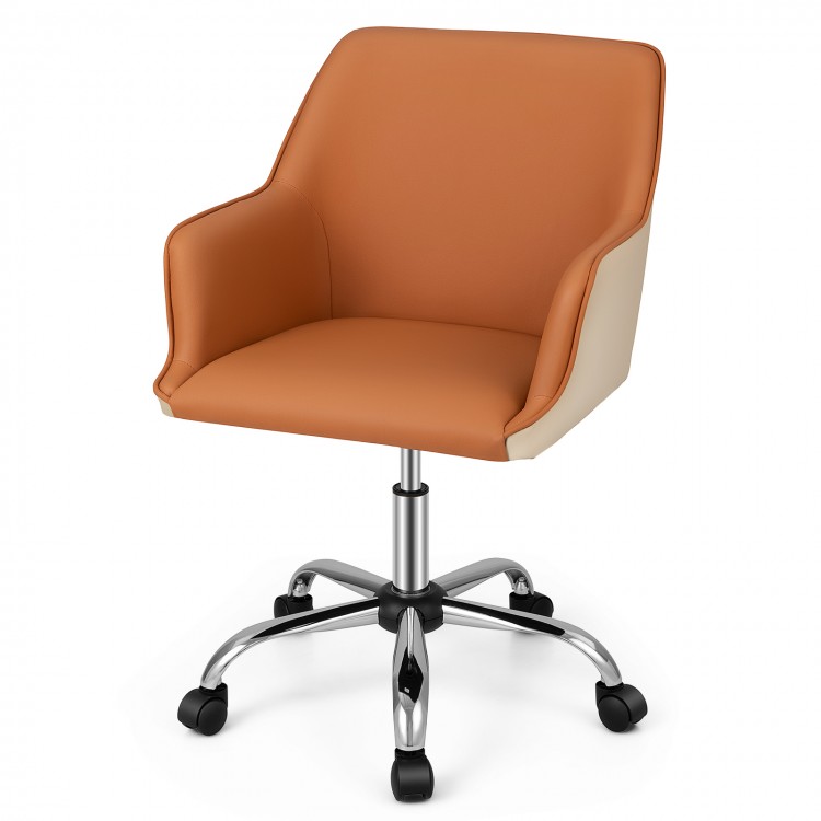 Brown PU covered office chair with adjustable height, sponge padded cushion, and ergonomic armrests for comfort.