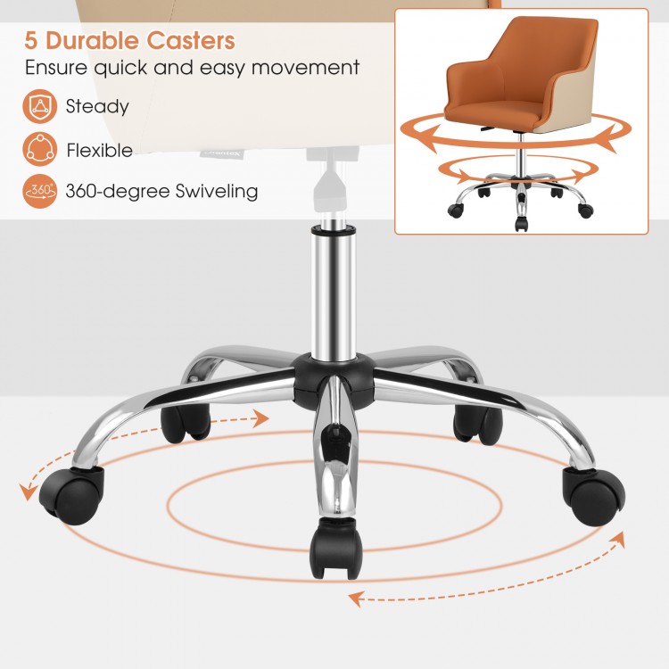 Brown PU covered office chair with 360-degree swivel and 5 durable casters for easy movement and adjustable height.