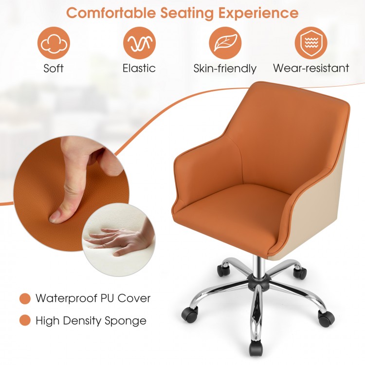 Close-up of the brown PU covered office chair showcasing its waterproof cover and high-density sponge padding for.