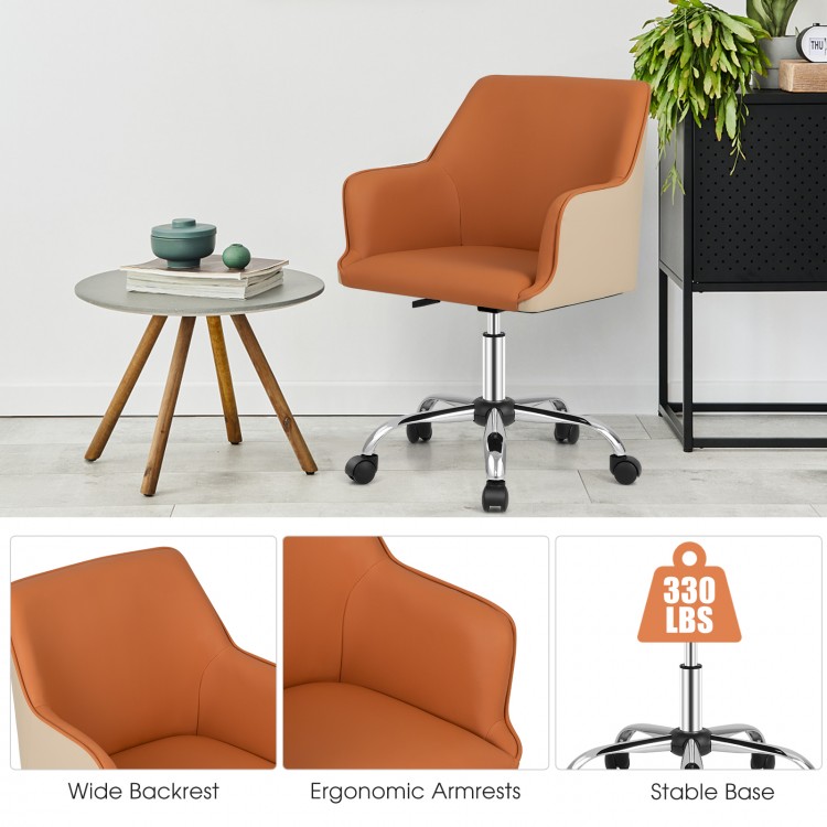 Brown PU covered office chair with wide backrest, ergonomic armrests, and adjustable height for versatile use.