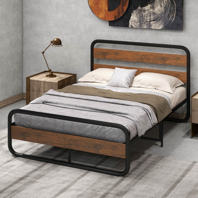 Full-size Arc Platform Bed featuring a rustic headboard, metal frame, and 13" elevated design for under-bed storage.