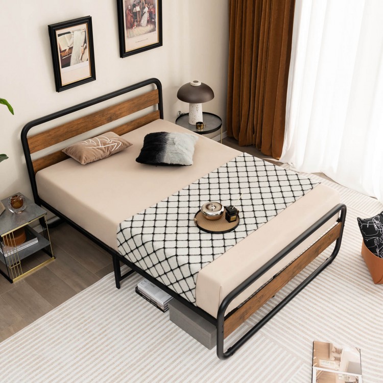Full-size Arc Platform Bed with rustic headboard and footboard, featuring a sturdy metal frame for enhanced support.