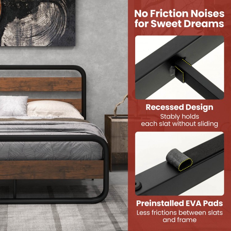 Full-size Arc Platform Bed featuring a rustic headboard, sturdy metal frame, and recessed slats for noise-free support.