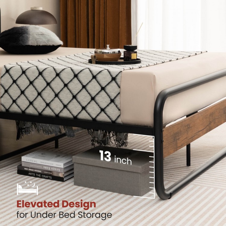 Arc platform bed with rustic headboard, 13" elevated design for under bed storage, and sturdy metal frame for stability.