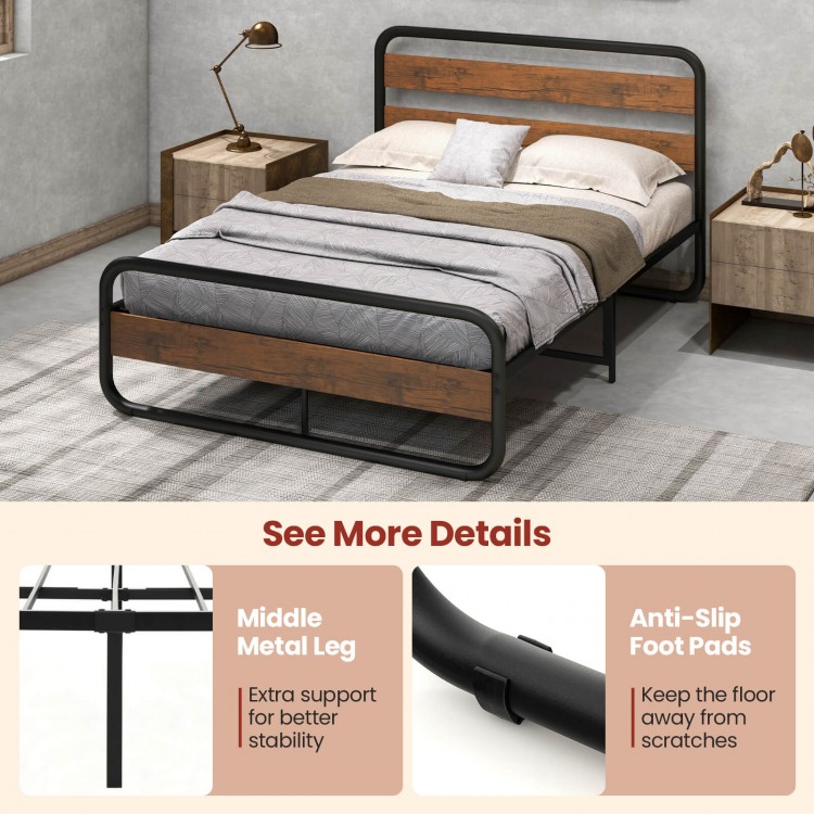 Full-size Arc Platform Bed with rustic headboard and footboard, featuring a sturdy metal frame and anti-slip foot pads.