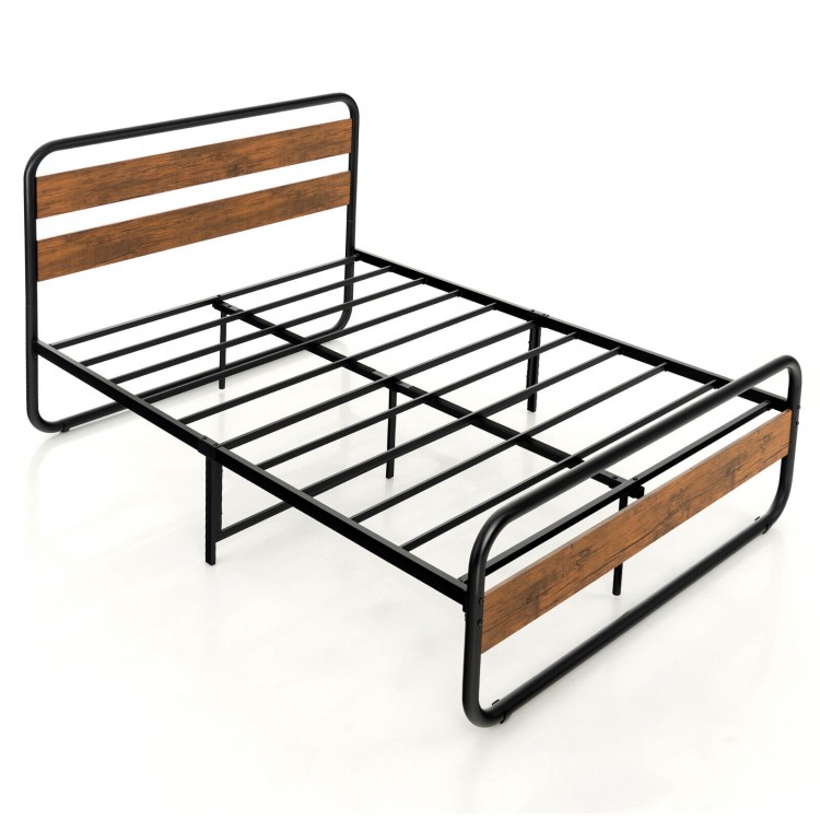 Full-size Arc Platform Bed with rustic headboard and footboard, featuring a sturdy metal frame for stability and.