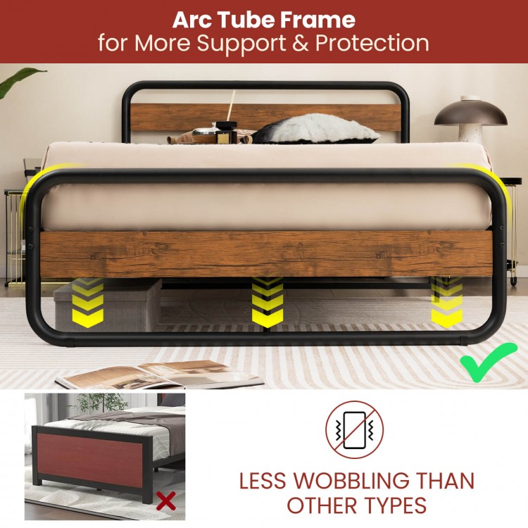 Arc platform bed with rustic headboard, arc tube frame for support, and 13" height for under-bed storage.