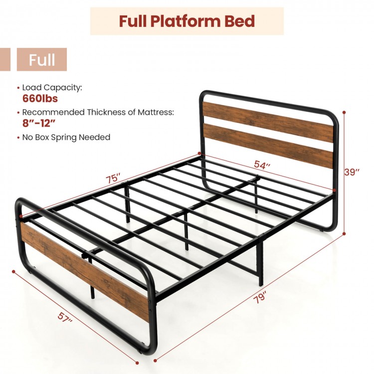 Full platform bed with rustic headboard, metal frame, and 13" elevation for under-bed storage, no box spring needed.