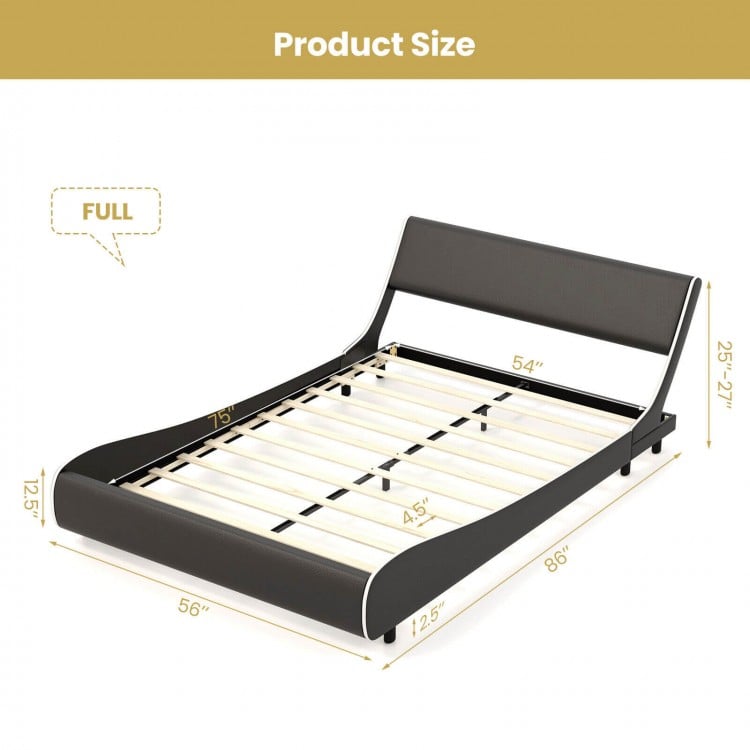 Full size upholstered platform bed frame in faux leather with curved headboard, featuring adjustable height and solid.