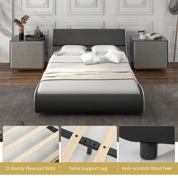 Full-size upholstered platform bed frame in faux leather with curved headboard, featuring sturdy wooden slats for.