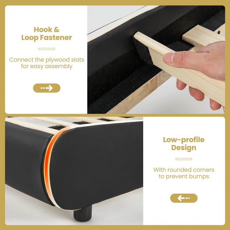 Close-up of the upholstered platform bed frame's hook and loop fastener for easy assembly and low-profile design.