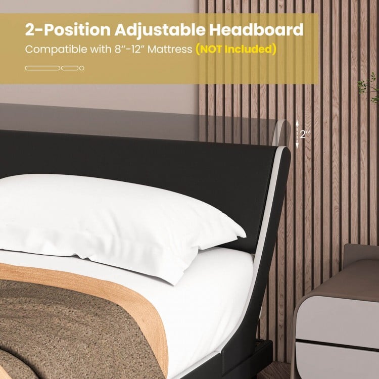 Full-size upholstered platform bed frame with adjustable headboard, featuring a curved design and faux leather finish.