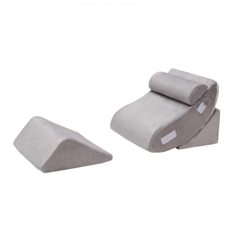 Gray 4-piece bed wedge pillow set for back, neck, and leg pain relief, featuring a movable headrest and soft cover.
