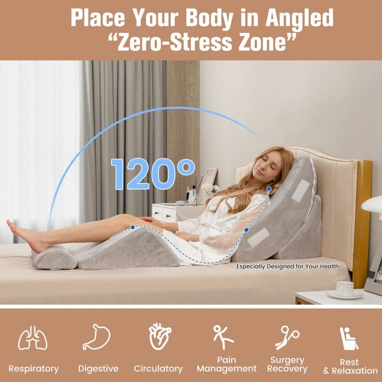 Gray 4-piece bed wedge pillow set designed for back, neck, and leg pain relief, ideal for comfort and relaxation.