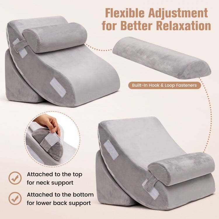 Adjustable gray wedge pillow set with movable headrest for back, neck, and leg pain relief, suitable for bed or sofa.
