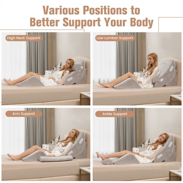 Multifunctional gray wedge pillow set showing various support positions for back, neck, and leg pain relief.