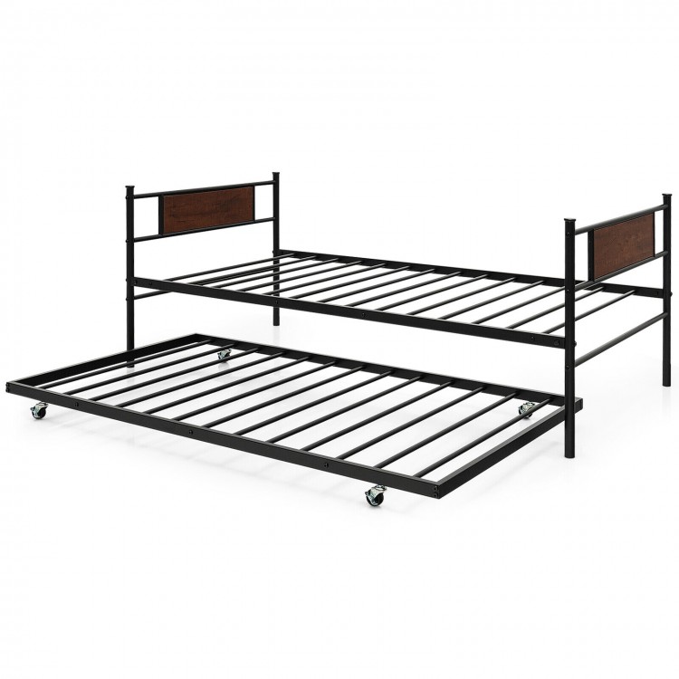 Twin size daybed frame with pullout trundle, medium carbon steel construction, ideal for living room or kid's bedroom.