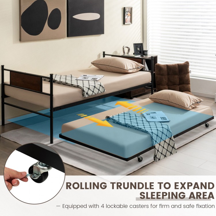 Twin size daybed frame with pullout trundle, featuring lockable casters for stability, ideal for living rooms or.