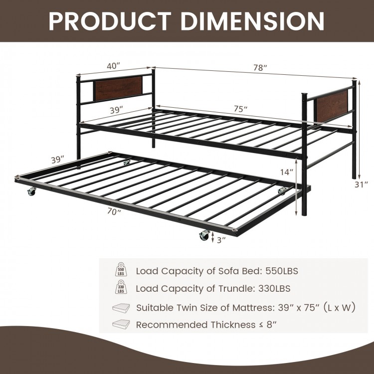 Twin size 2-in-1 daybed frame with pullout trundle, sturdy carbon steel, suitable for living room or kid's bedroom.