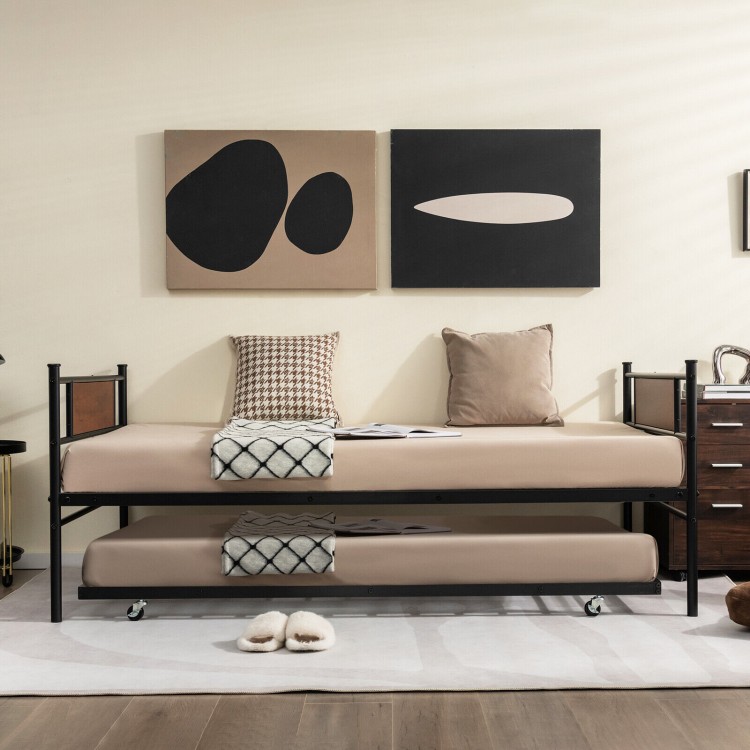 Twin size daybed frame with pullout trundle, featuring sturdy carbon steel and MDF, ideal for living rooms or bedrooms.