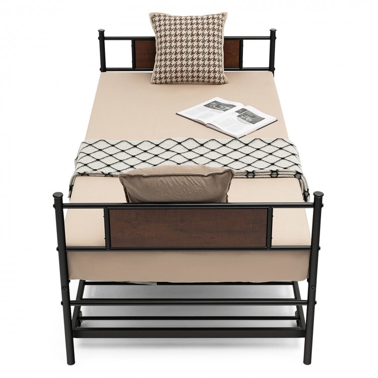 Twin size daybed frame with pullout trundle, featuring a sturdy steel design and MDF headboard for versatile use.