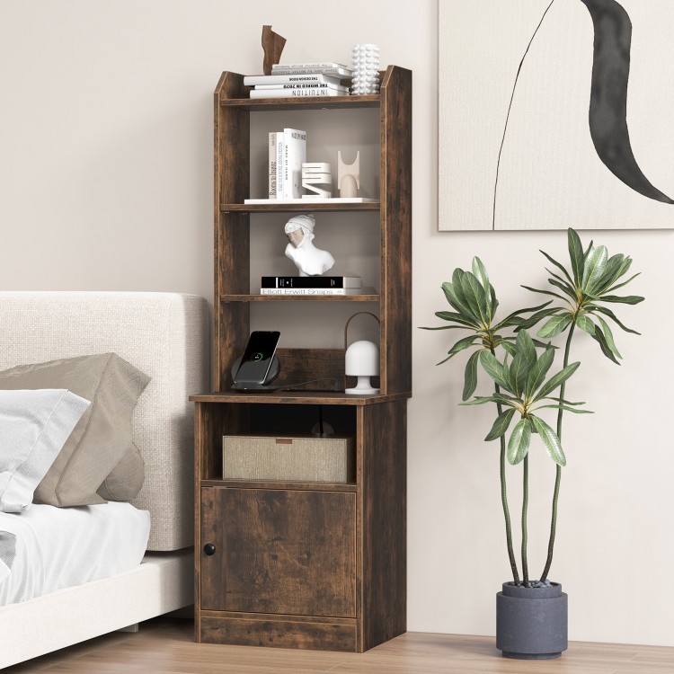 Rustic brown 6-tier bookshelf nightstand showcasing open shelves and a cabinet, perfect for bedside storage and.