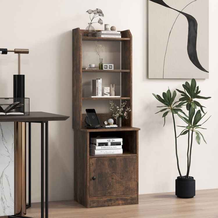 6-tier rustic brown bookshelf nightstand with charging station, cabinet, and adjustable shelves for versatile storage.