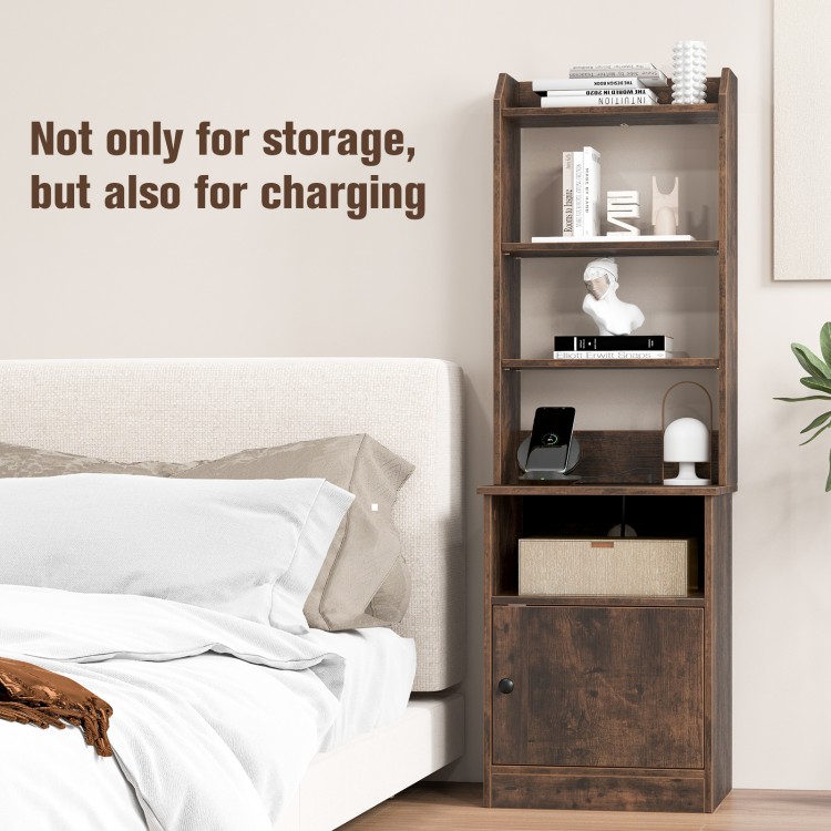 Rustic brown 6-tier bookshelf nightstand with a cabinet and charging station, ideal for bedside or home office.