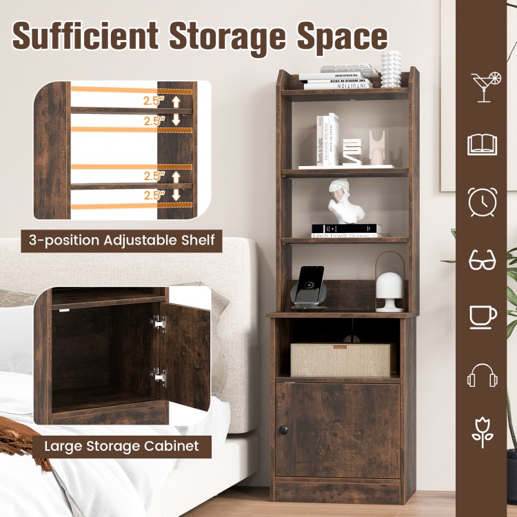 6-tier bookshelf nightstand in rustic brown with charging station, adjustable shelves, and large storage cabinet.