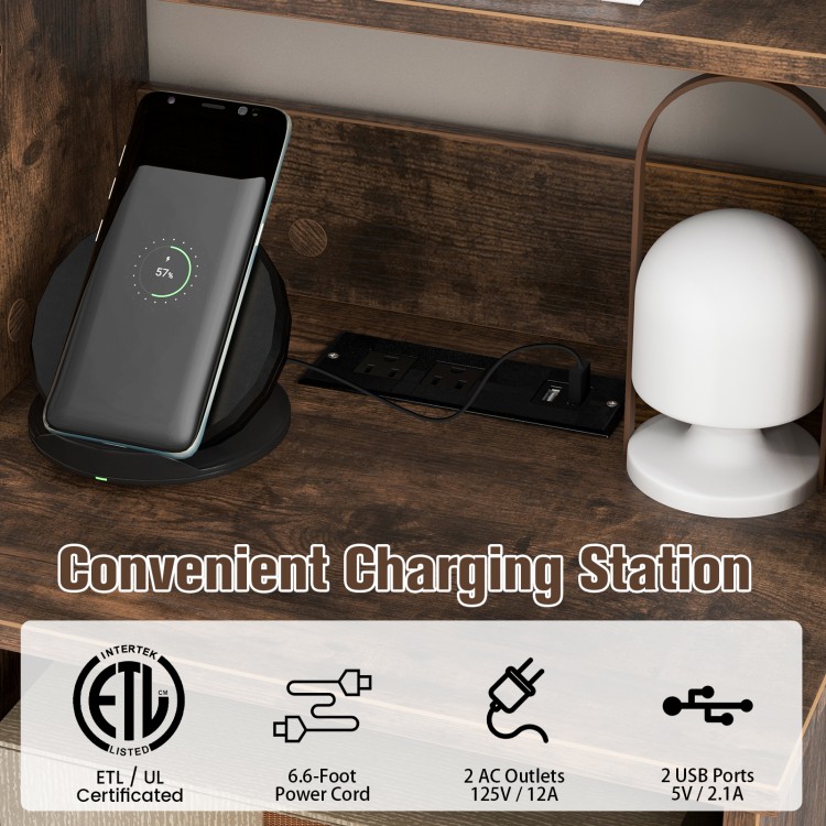 Convenient charging station with 2 AC outlets and 2 USB ports on a rustic brown bookshelf nightstand.