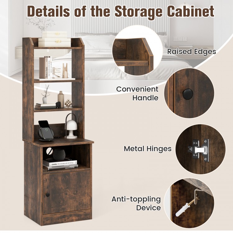 6-tier bookshelf nightstand in rustic brown with charging station, open shelves, and cabinet for versatile storage.