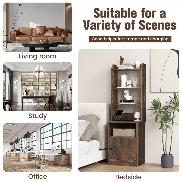 6-tier rustic brown bookshelf nightstand with charging station, featuring open shelves and a cabinet for versatile.