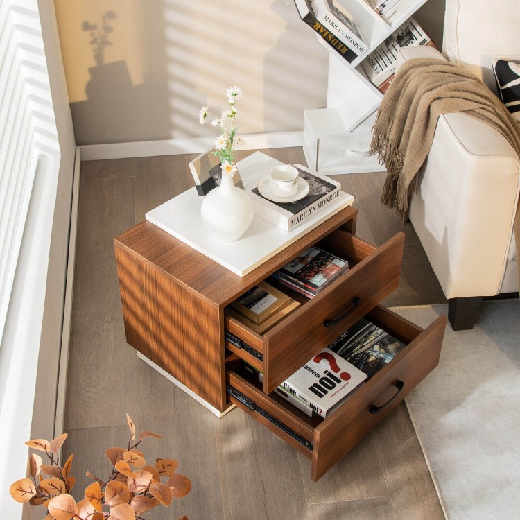 Modern brown nightstand with two large drawers and a wide top, perfect for bedroom or living room storage.