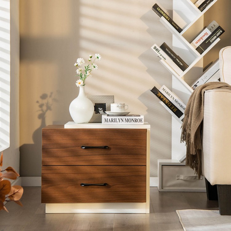 Modern nightstand with two large drawers in brown, featuring a wide top and compact design for versatile use in any.