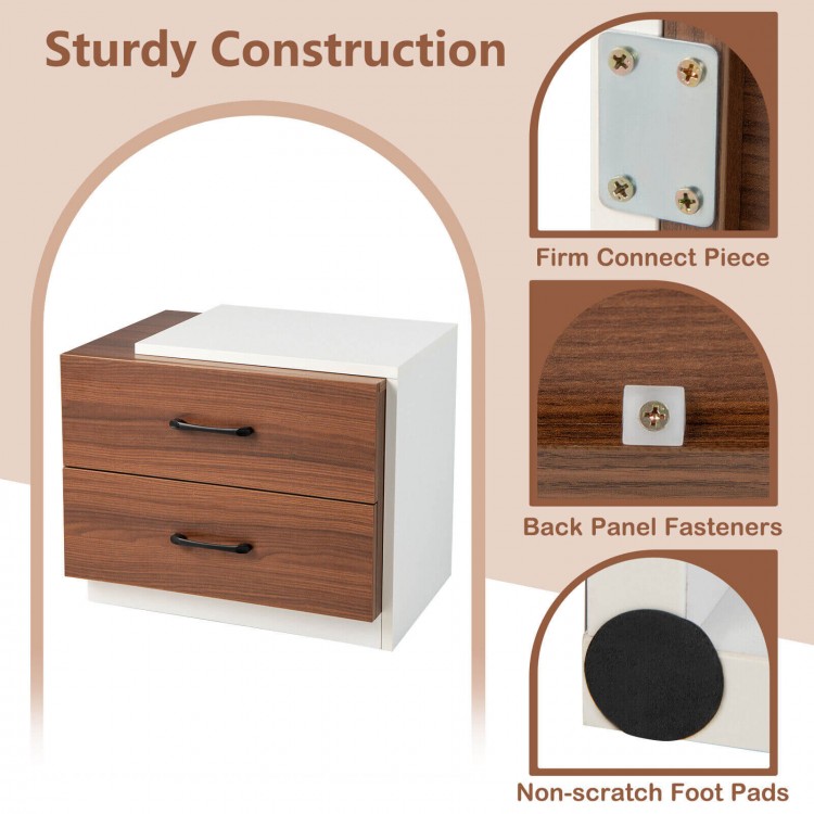 Modern nightstand with two large drawers in brown, featuring sturdy construction and non-scratch foot pads for.