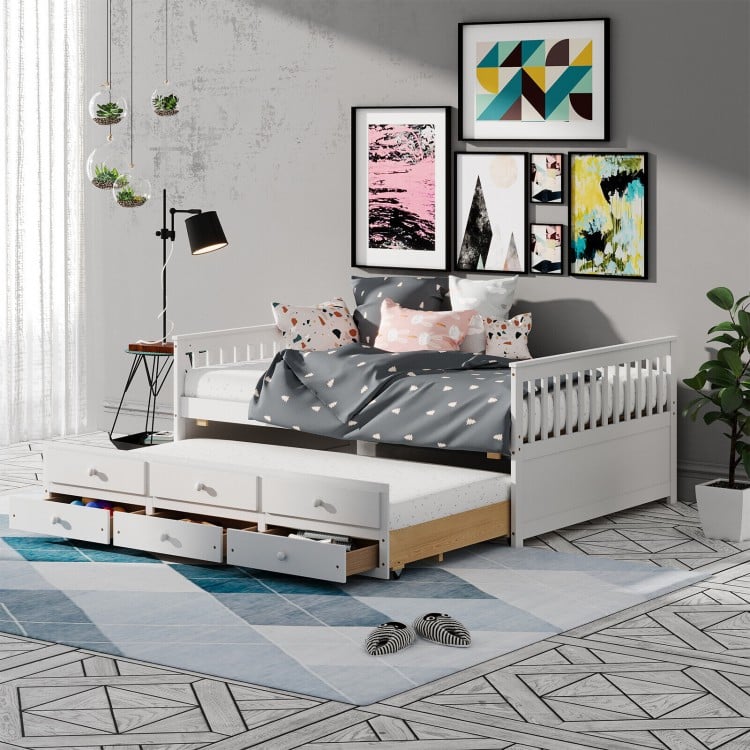 Full size white wood daybed frame featuring a chic design and large storage drawers, perfect for stylish home.