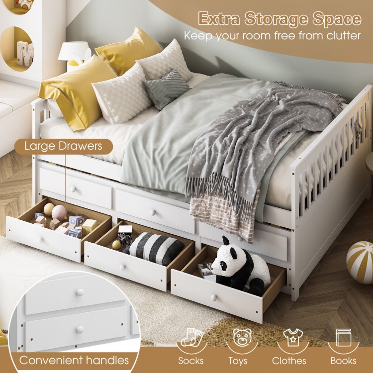Full size white wood daybed frame with trundle and large storage drawers, perfect for bedrooms and guest rooms.