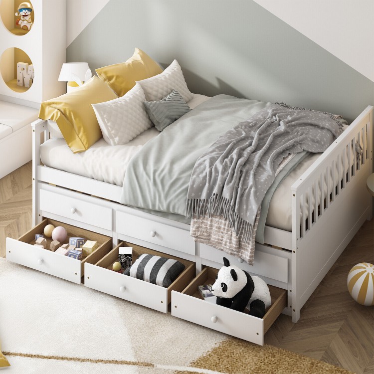Full size white wood daybed frame with trundle and three storage drawers, ideal for bedrooms and guest rooms.