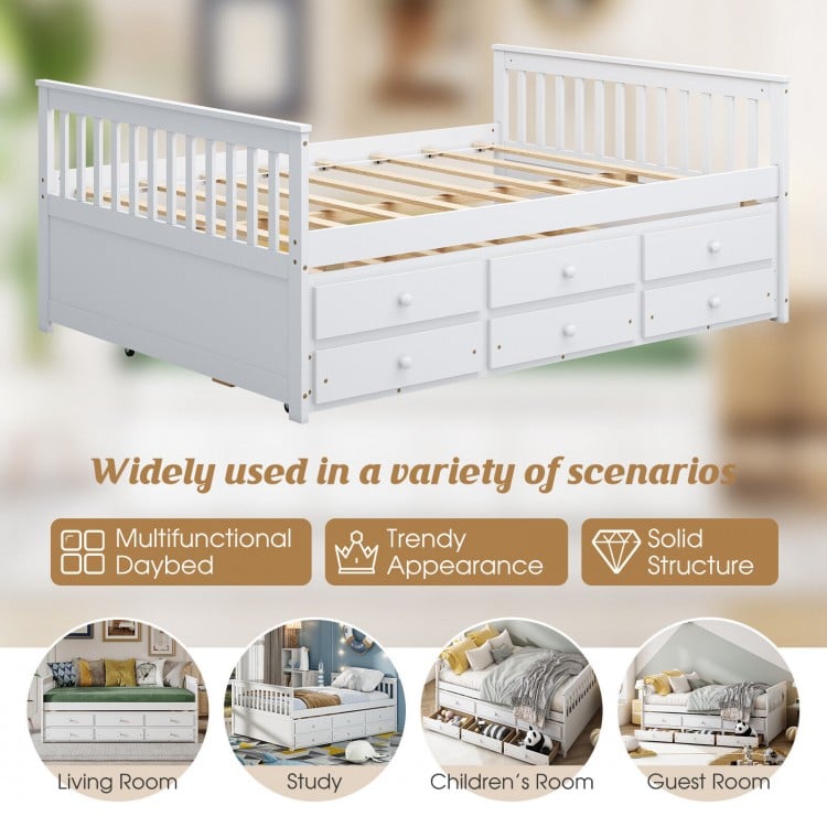 Full size white wood daybed frame with trundle and three storage drawers, perfect for living rooms and guest rooms.