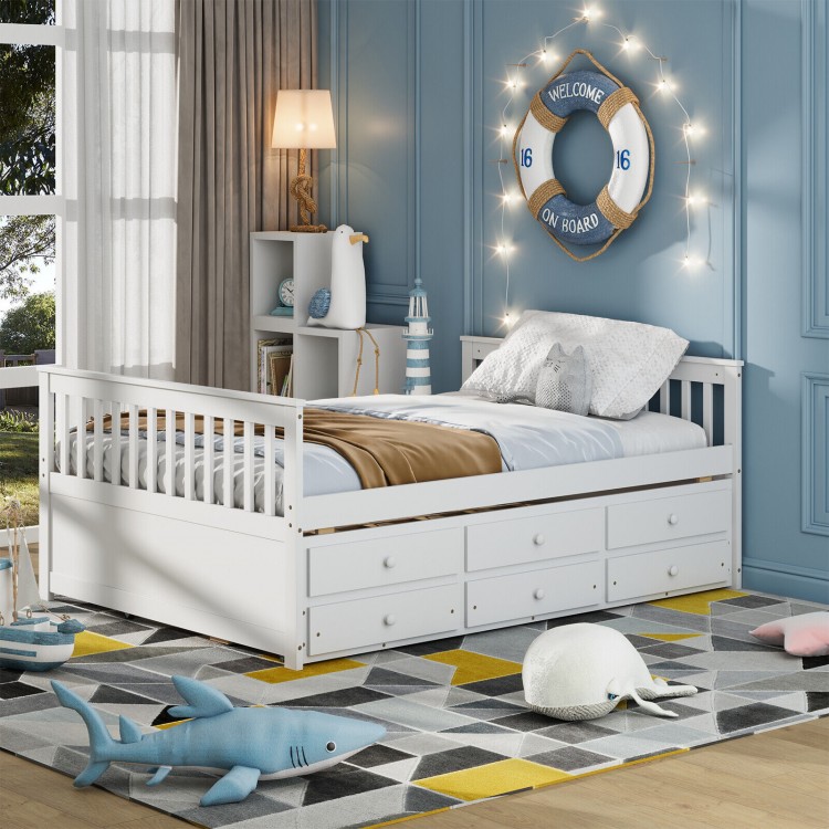 Full size white wood daybed frame with trundle and three storage drawers, perfect for bedrooms or guest rooms.
