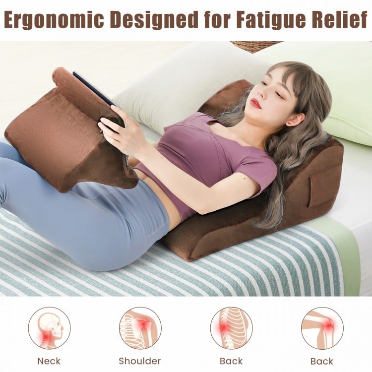 Brown bed wedge pillow with tablet stand, designed for neck, shoulder, and back support, featuring side pockets for.