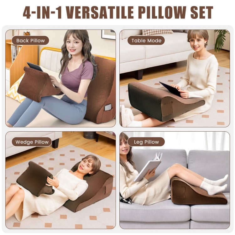 4-in-1 versatile brown bed wedge pillow set for back, leg, and neck support with tablet stand and side pockets.