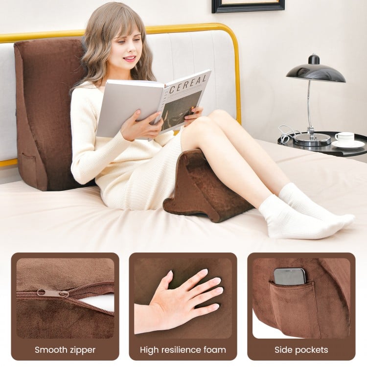Brown bed wedge pillow with tablet stand, side pockets, and high resilience foam for versatile support and comfort.