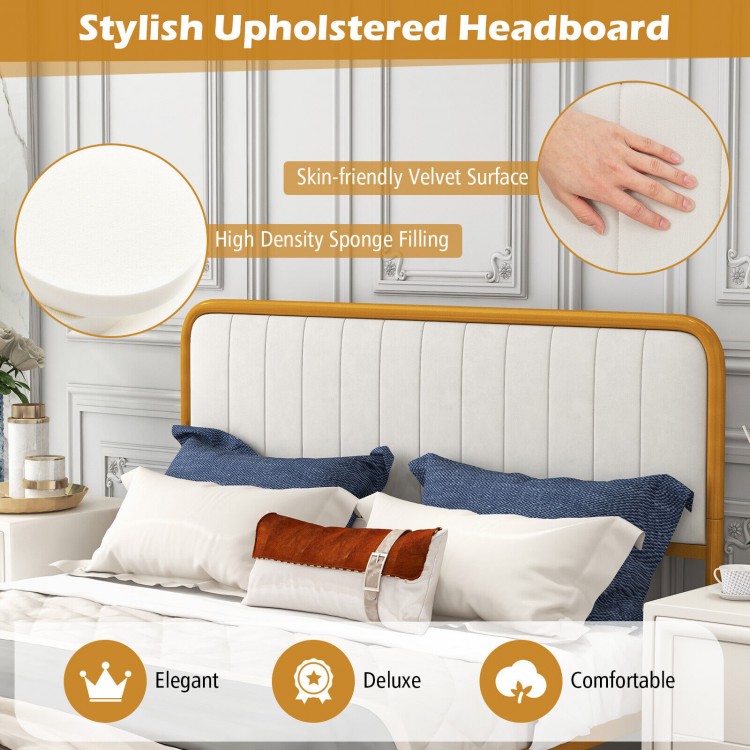 Upholstered velvet headboard with gold accents, featuring high-density sponge filling for comfort in a queen bed frame.