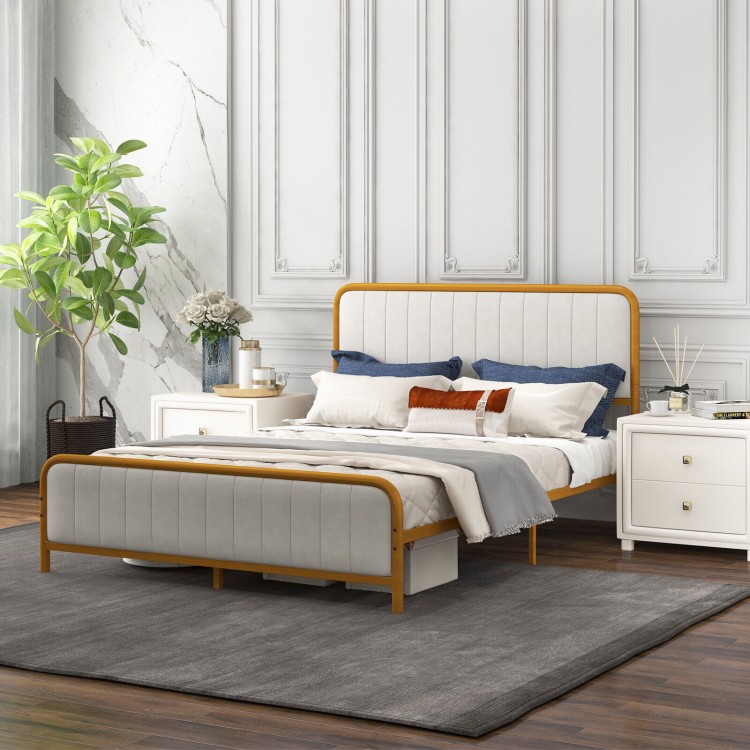 Stylish upholstered gold platform bed frame with velvet headboard and soft surface, ideal for modern bedroom aesthetics.
