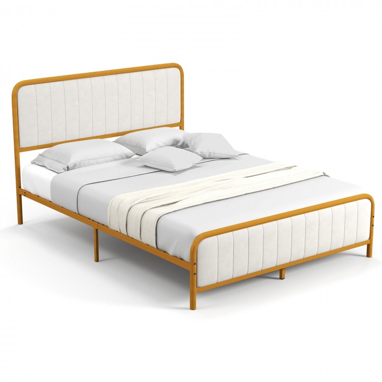 Upholstered queen size bed frame with gold metal, velvet headboard, and solid support, perfect for stylish bedrooms.