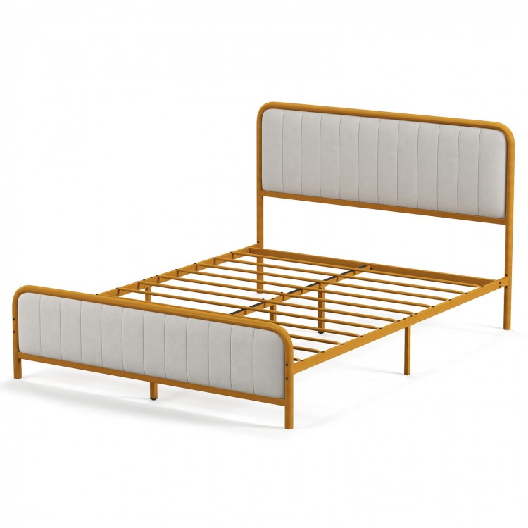 Upholstered gold platform bed frame with velvet headboard, queen size, featuring solid metal slats for support and.